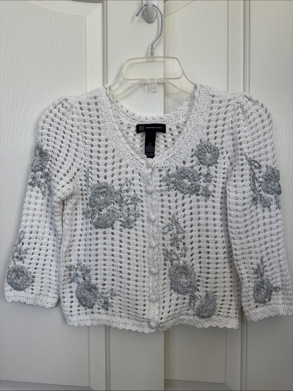 INC International Concepts White Crochet Cardigan with Silver Floral Embroidery